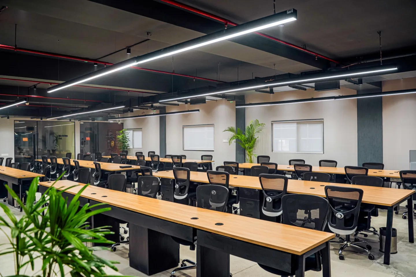 Dark-ceiling office with wooden bench desks, mesh chairs and linear lighting — AIHP managed office, Gurgaon